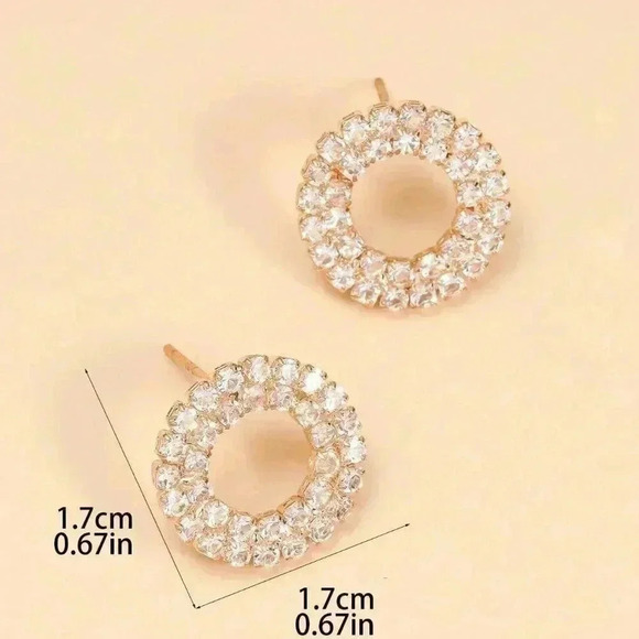 Yellow Gold Women's Elegant Geometric Circle Shaped Rhinestone Stud Earrings - Picture 5 of 5